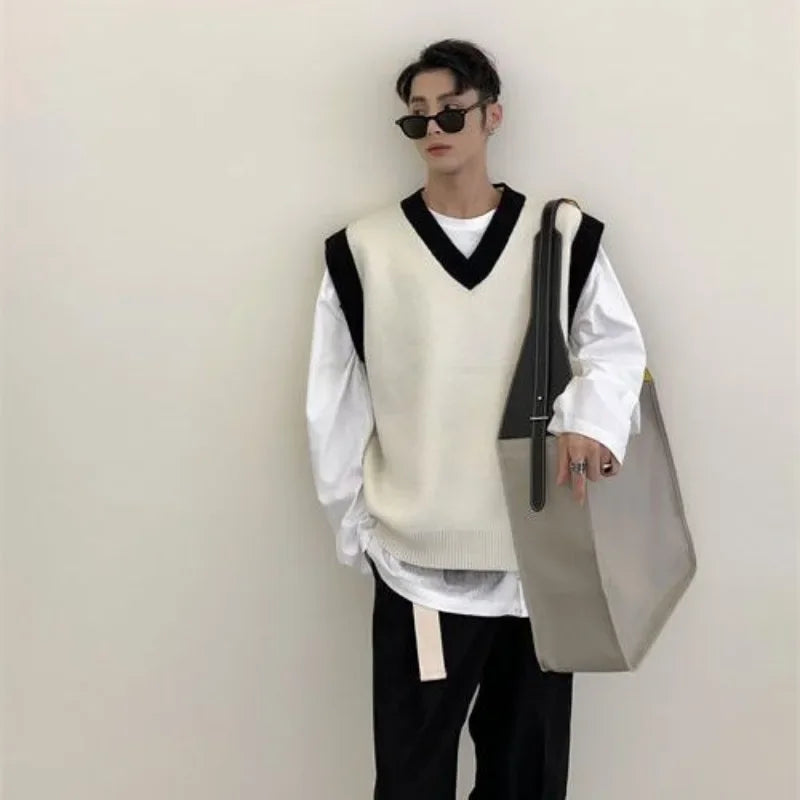 Hehope Man Clothes Beige Vest Waistcoat Knitted Sweaters for Men V Neck Sleeveless Order Korean Fashion Over Fit Knit Large Big Size