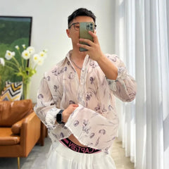 Hehope Men Sheer Floral Shirt Fashion Sexy Mesh See-through Long Sleeve Shirts Summer Casual Blouse Neutral Thin Loose Clothing