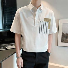 Hehope Young Style T-Shirt Street Loose Casual Fashion Pockets Solid Button Patchwork Simplicity Turn-down Collar Summer Men's Clothing