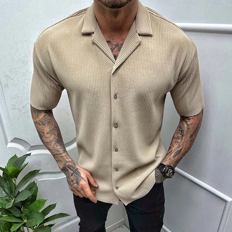 Hehope Leisure Solid Color Ribbed Shirts Men Clothes Fashion Short Sleeve Lapel Button Shirt 2023 Spring Summer Men's Casual Streetwear