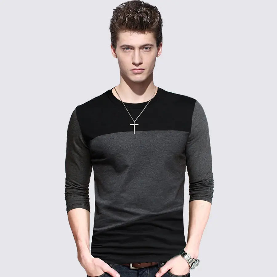 Hehope Fashion Men Casual Slim Basic T-Shirts Spring Autumn Cotton Male Clothes Panelled Long Sleeve Big Size Bottoming Pullover Tops