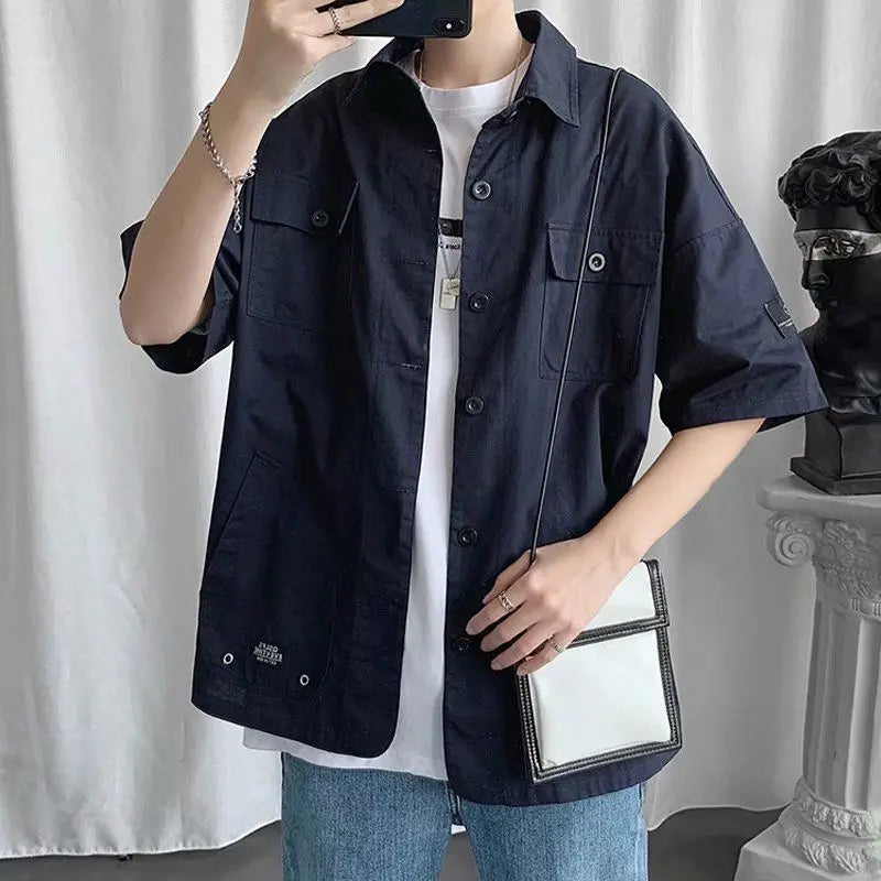 Hehope Elegant Fashion Shirts Loose Solid Patchwork Casual Turn-down Collar Short Sleeve Pockets Spring Summer Thin Men's Clothing