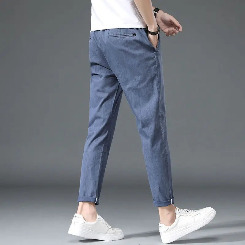 Hehope Summer New Fashion Casual Ice Silk Simple Versatile Straight Pants Men Solid Button Zipper Pockets Slim Loose Casual Trouser