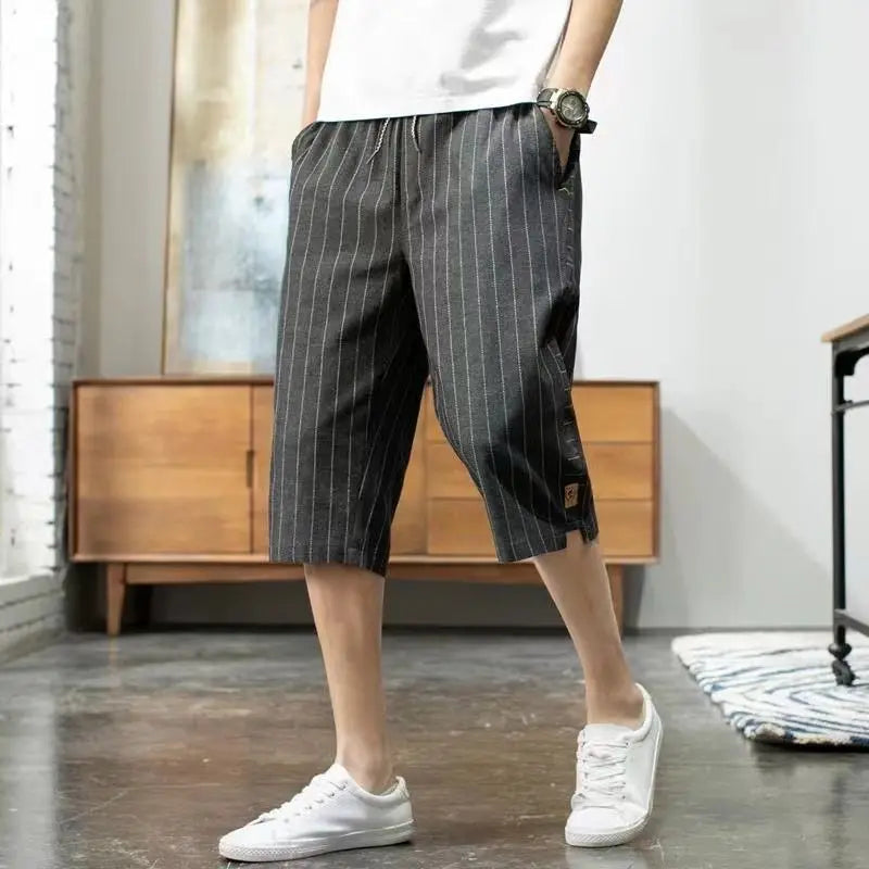 Hehope Summer New Trend Cotton Hemp Thin Straight Casual Capris Men Print Stripe Elastic Waist Drawstring Pocket Versatile Loose Shorts