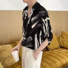 Hehope 2024 New Summer Haute Couture Lapel Print Korean Version Ruffled and Handsome Loose Casual Oversize Medium Sleeved Floral Shirt