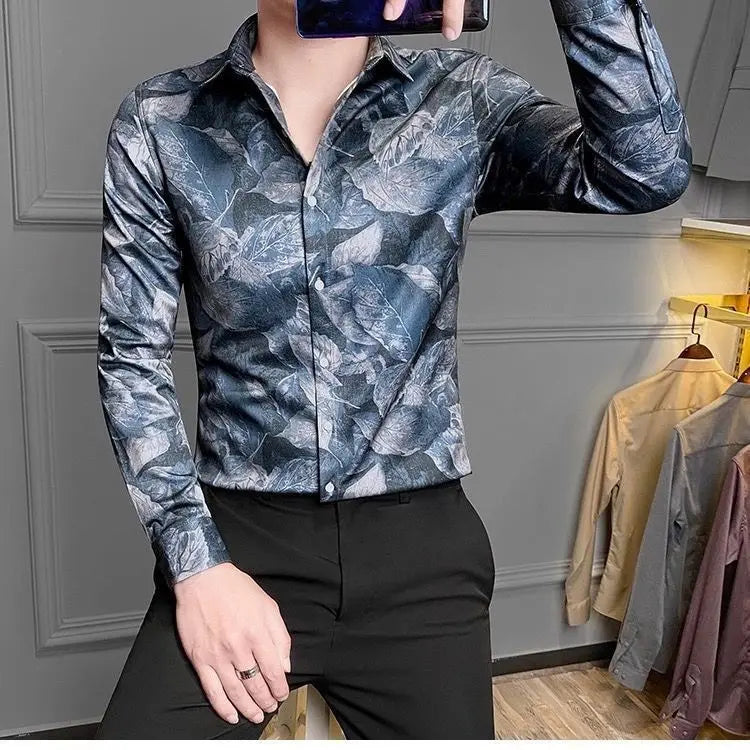 Hehope Summer Handsome Retro Loose Casual England Style Men's Shirt Irregular Print Polyester Button Lapels Long Sleeve Y2K Chic Tops