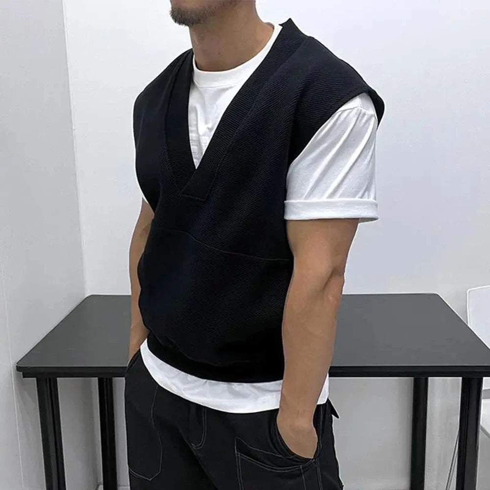 Hehope Mens Sleeveless Knitted Vest Genderless Youth Trendy Personalized Fashion Simple Loose Solid Color Fitness V-Neck Vest Unisex