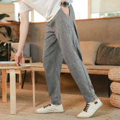 Hehope Vintage Chinese Summer Casual Pants Men Solid Thin Cotton Hemp Pocket Elastic Waist Drawstring Straigh Loose Haren Trousers