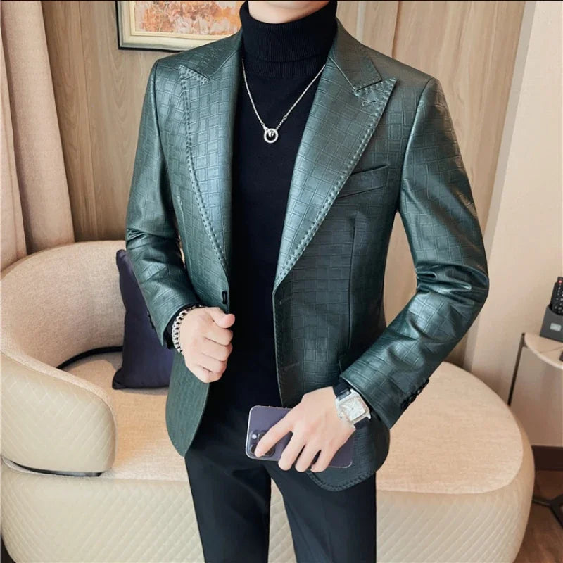 Hehope Autumn Winter Checkered Leather Jacket Men Business Slim Fit Casual Blazer Party Stage Singer Social Dress Coat Streetwear