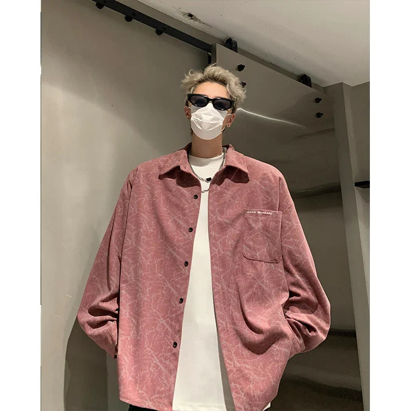 Hehope Men's Tie-dye Corduroy Shirts Long Sleeve Streetwear Shirt Korean Style Woman Men Soft Loose Casual Shirt Autumn New Pink/Black