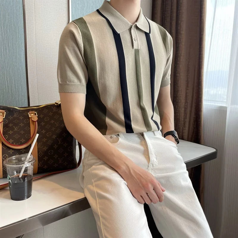 Hehope 2024 Summer Fashion Trend British Style Casual Business Polo Collar Stripe Contrasting Ice Silk Short Sleeved T-shirt for Men