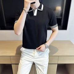 Hehope Japanese Vintage Smart Casual Ice Silk Short Sleeve Polo Shirt Men's Panelled Lapel Knit Loose Simple Breathable Summer Thin Top