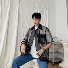 Hehope New Summer Half Sleeve Loose Mesh Sheer Shirt Men High Street Fashion Floral Mens Korean Designer Shirts for Men