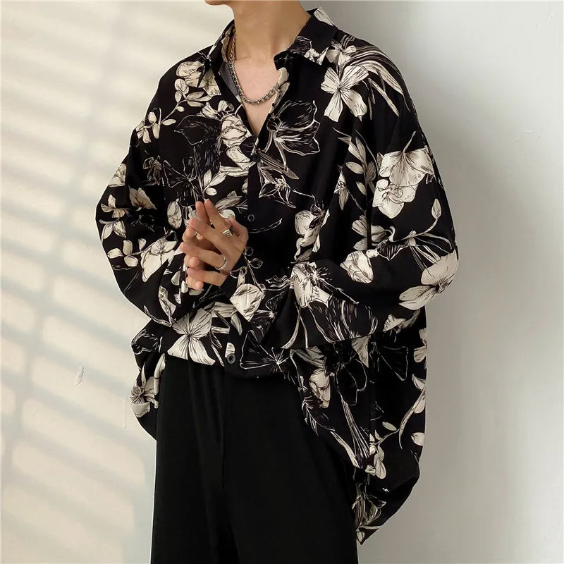 Hehope New Autumn Luxury Fashion Oversized Men Shirt Casual Flowers Print Loose Long Sleeve Shirts for Men Clothing Tops