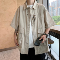 Hehope Summer Apricot Men Cargo Shirt Home 2024 Multi Pocket Casual Shirts Half-sleeved Casual Fashion Men Clothing Trend