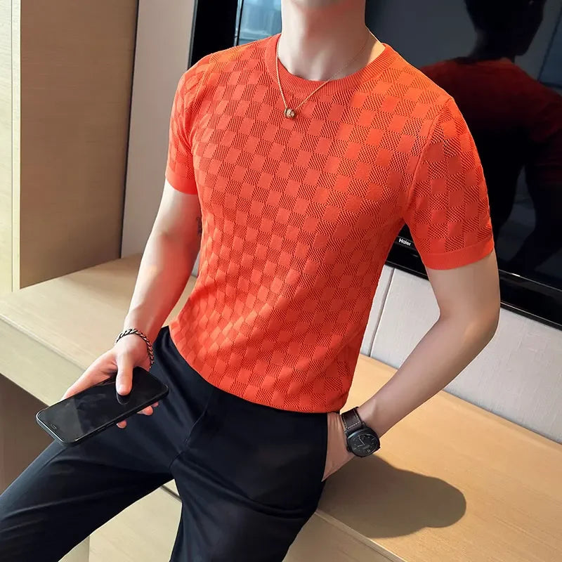 Hehope Men's Short Sleeve T-shirt Summer Thin High Elastic Slim Fit Knit Tee Shirts Tops O Neck  Solid Casual Fashion Men Clothing