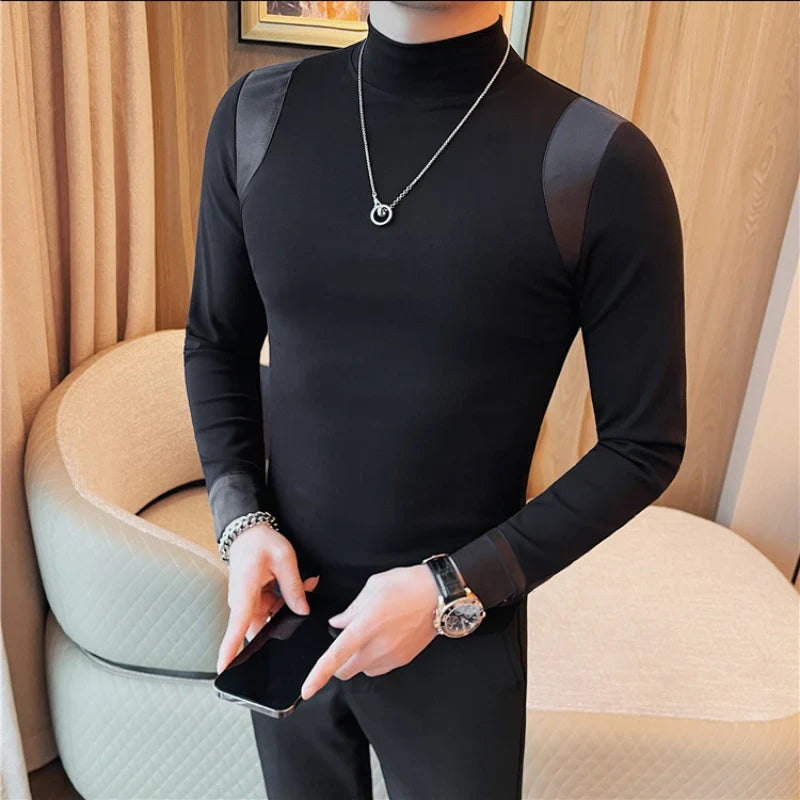 Hehope Korean Fashion Patchwork T-shirt for Men Long Sleeve Slim Fit Casual T-shirts Business Social Versatile Base Shirt Men M-4XL