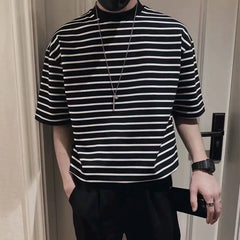 Hehope Ins Men Clothing Striped T-shirt Men Round Neck Short-sleeved Casual Cotton Tops Korean Fashion Slim Bottoming Vintage T Shirt