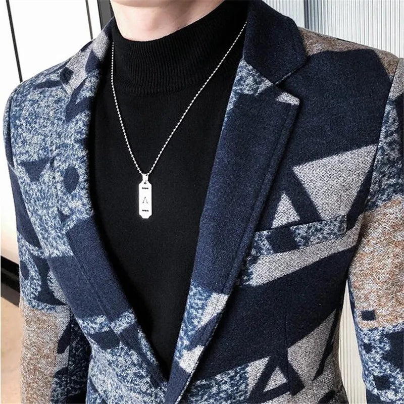 Hehope Retro Wool Blazer for Fall/winter Men Letter Printed New Blazer Slim Business Party Prom Fashion Wool Jacket Men Clothing