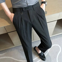 Hehope Summer New Striped Suit Pants Men's Slim Fit Ankle Length Straight Elasti Casual Pants Fashion Business Social Dress Pant