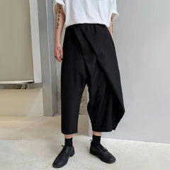 Hehope Men Double-Layer Irregular Pleated Wide-Leg Pants 2024 New Genderless Dark Style Retro Loose Solid Color Nine-Point Pants Unisex