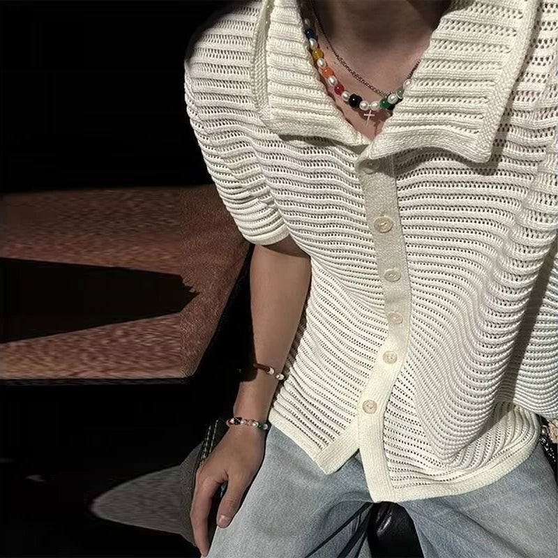 Hehope Trendy Hollow Out Knitting Mens Shirt Short Sleeve Buttoned Lapel Casual Shirt Knitted Solid Color Breathable Men Shirs Cardigan