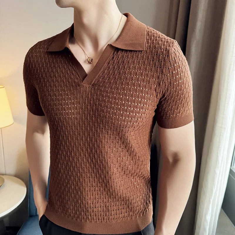 Hehope Men's Polo Shirt 2024 Summer New Light and Thin Knitted Hollow Solid Color Casual Short Sleeved V-neck T-shirt Men's Clothing