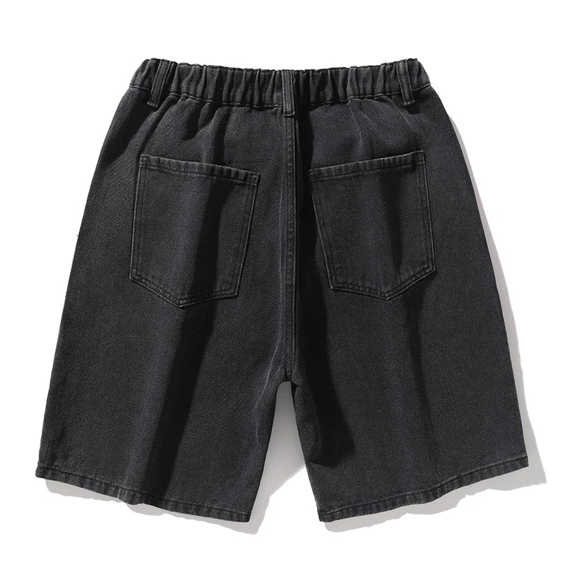 Hehope spring and summer new brand men's five-point jeans shorts men's loose straight elastic waist printing trousers blue black