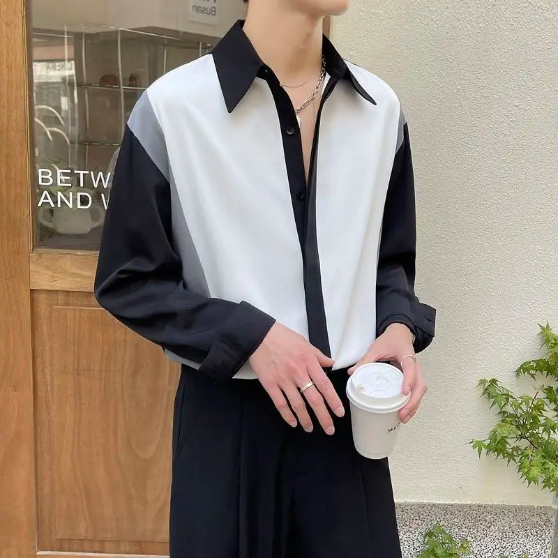 Hehope Casual Patchwork Fashion Temperament Simplicity Korean Spring Summer Office Lady Button Turn-down Collar Shirts Men's Clothing