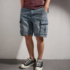 Hehope Shorts for Denim Men's Tooling, Cat's Whiskers, Straight Pants, Old Retro Pants, Versatile Multi-bag Pants