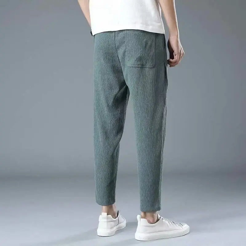 Hehope Spring Summer Men Cotton Hemp Ice Silk Pants Streetwear Fashion Male Basic Elastic Waist Loose Sports Straight Casual Trousers