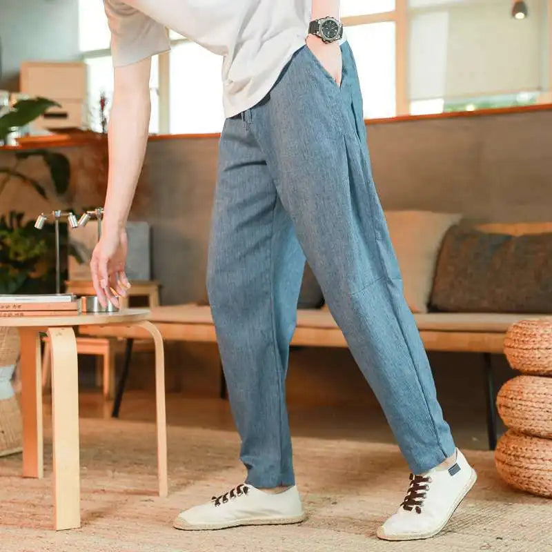 Hehope Vintage Chinese Summer Casual Pants Men Solid Thin Cotton Hemp Pocket Elastic Waist Drawstring Straigh Loose Haren Trousers