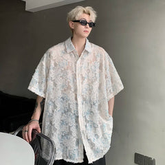 Hehope Transparent Floral Handsome Shirts Summer Thin Fashion Casual Streetwear Loose Shirt Breathable Short Sleeve Men's Clothing