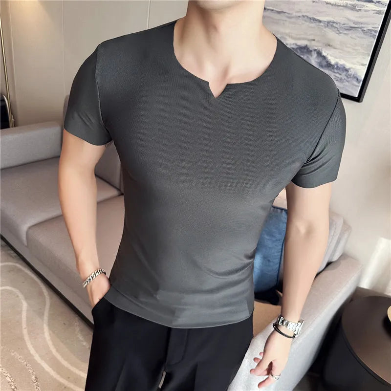 Hehope Men T Shirt Summer New Thin Ice Silk Solid Casual Short Sleeved Elastic Slim Fit T-shirt Tops Korean Fashion Men Clothing