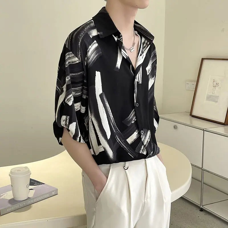 Hehope 2024 New Summer Haute Couture Lapel Print Korean Version Ruffled and Handsome Loose Casual Oversize Medium Sleeved Floral Shirt