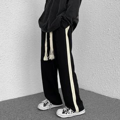 Hehope Spring Summer New Contrast Color Vertical Stripe Patchwork Straight Pants Man Elastic Waist Hand Woven Drawstring Trousers