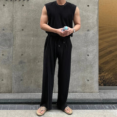 Hehope Daily Casual Tank Tops Two Piece Sets Men Summer Fashion Sleeveless Vest And Drawstring Trousers Outfits Mens Leisure Slim Suits