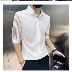 Hehope Summer Boyfriend 2024 New Spliced Square Collar Button Hollow Out Fashion Solid Slimming Minimalist Casual Half Sleeve Shirts