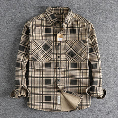 Hehope Autumn American Retro Long Sleeve Plaid Casual  Shirt Men's Fashion 100% Cotton Washed Slim Blouses Thin Coat