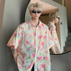 Hehope Transparent Floral Handsome Shirts Summer Thin Fashion Casual Streetwear Loose Shirt Breathable Short Sleeve Men's Clothing