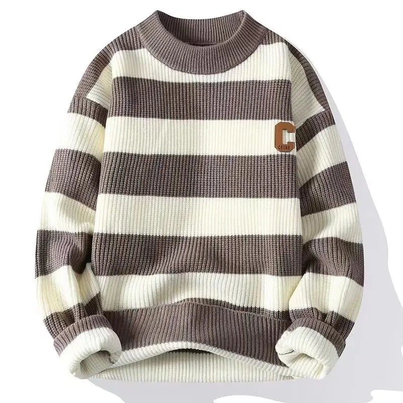 Hehope Autumn/Winter Men's Pullover Round Neck Loose Striped Contrast Letter Warm and Thick Casual Fashion Elegant Commuting Knitwear