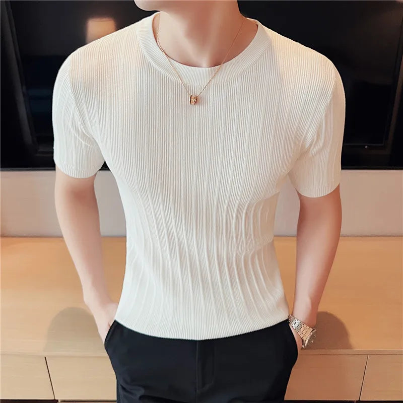 Hehope Men Short Sleeve T-Shirt Knitted Pullover 2024 Summer High Elastic Solid Casual Stripe Slim Fit Half High Collar Knit Sweater