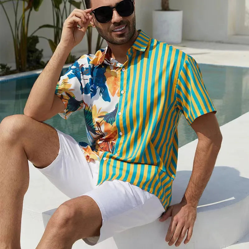 Hehope Fashion Summer Men's Shirt Casual Short Sleeve Hawaiian Beach Stripe Patchwork Color Lapels Street Daily Shirt Men Clothes