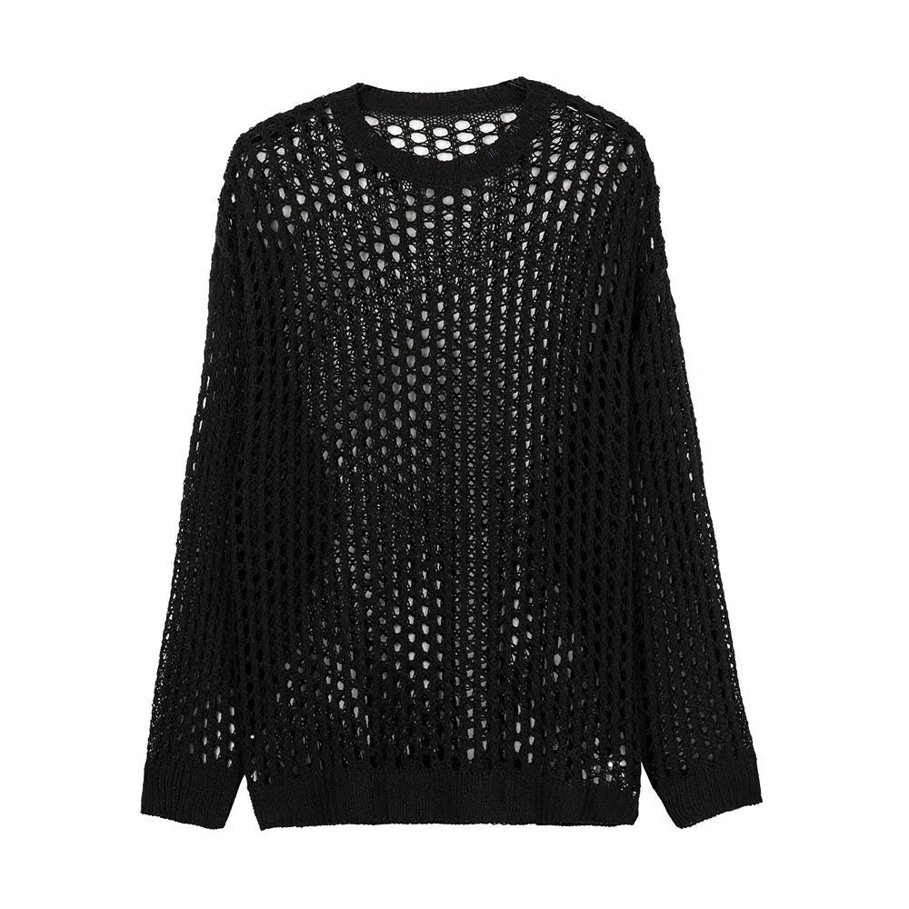 Hehope Mens Y2k Hollow Out Outfits See-Through Knit Shirts 2024 New Summer Fashion All-Match Casual Geometric Vintage Loose Smock Tops