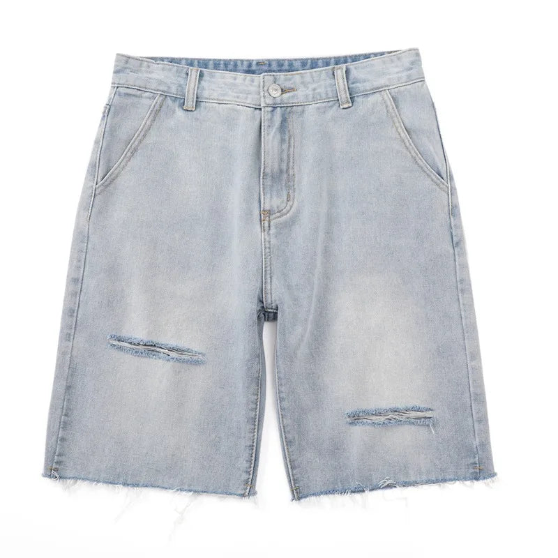 Hehope summer new men's light blue denim shorts simple solid color ripped pants loose casual pants S-2XL