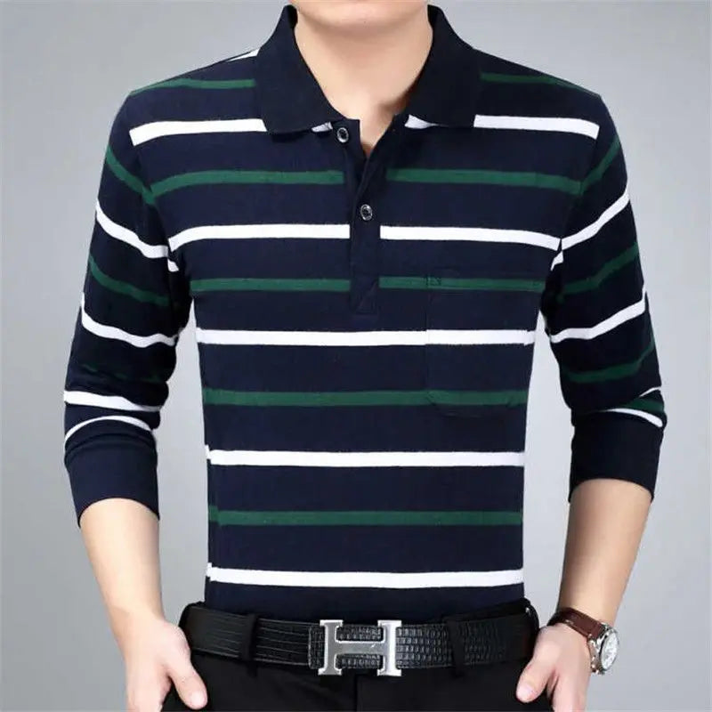 Hehope Fashion Men New Business Striped Polo Shirts Korean Spring Autumn Casual Long Sleeve Lapel Pockets Male Clothes Cotton Tops