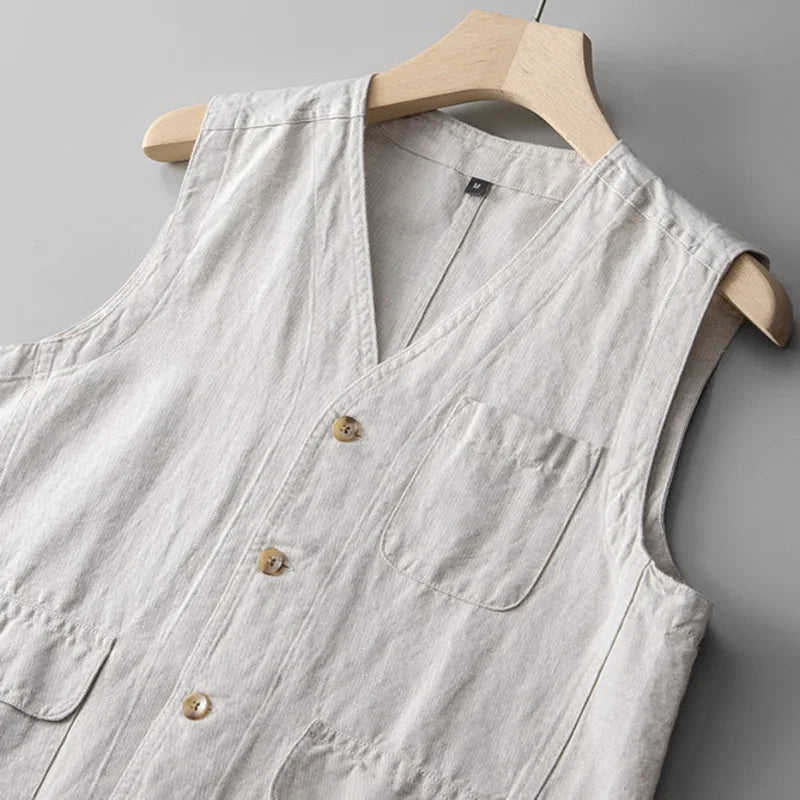 Hehope Casual Men Loose Linen Cotton Vest Japanese Retro Sold Color Multiple Pockets Workwear Sleeveless Top V-neck For Male