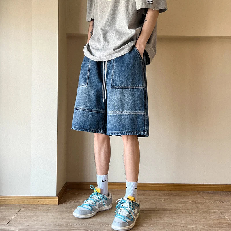 Hehope Summer New High Street Casual Versatile Denim Capris Elastic Waist Men's Korean Style Loose Wide Leg Large Pocket Shorts