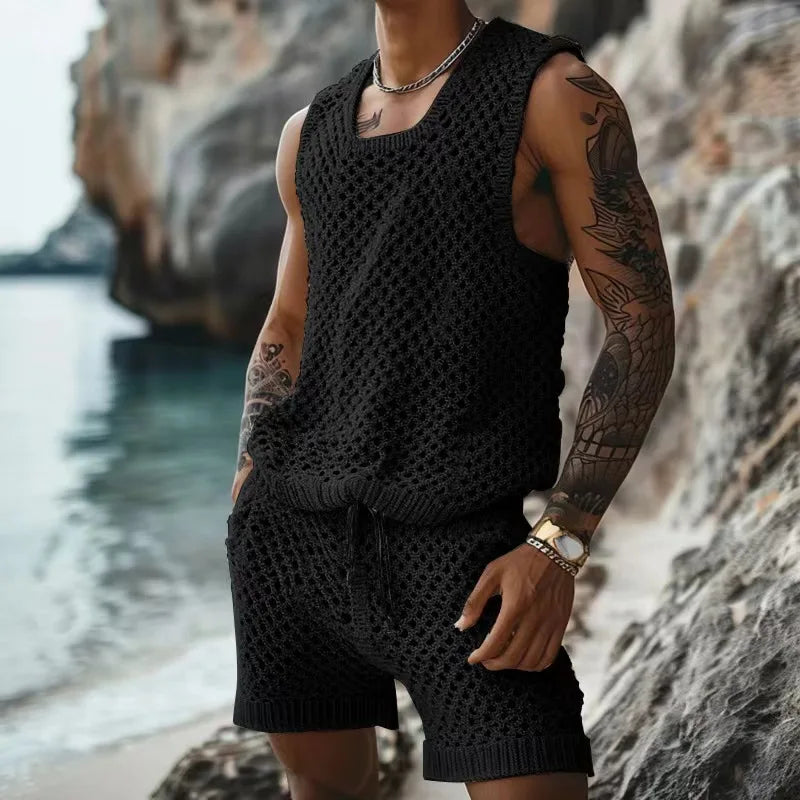 Hehope Men's Suits Summer Leisure Knit Clothing Solid Hollow Out Solid Casual Sleeveless Vest And Shorts Two Piece Sets Men Outfits