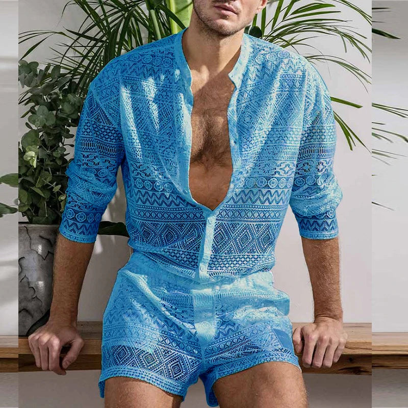 Hehope New Arrivals Men Set Summer Sexy See Through Lace Outfits Beach Fashion Short Sleeved Tops And Shorts Mens Two Piece Suits